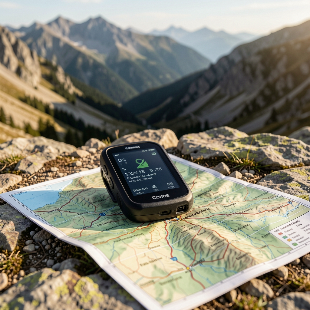 Dağlık arazide kompakt GPS navigasyon cihazı ve topografik harita