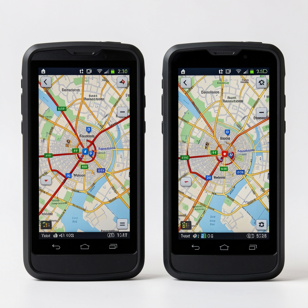 İki farklı GPS cihazının yan yana konumlandırılmış ekranları harita görüntüsü ile
