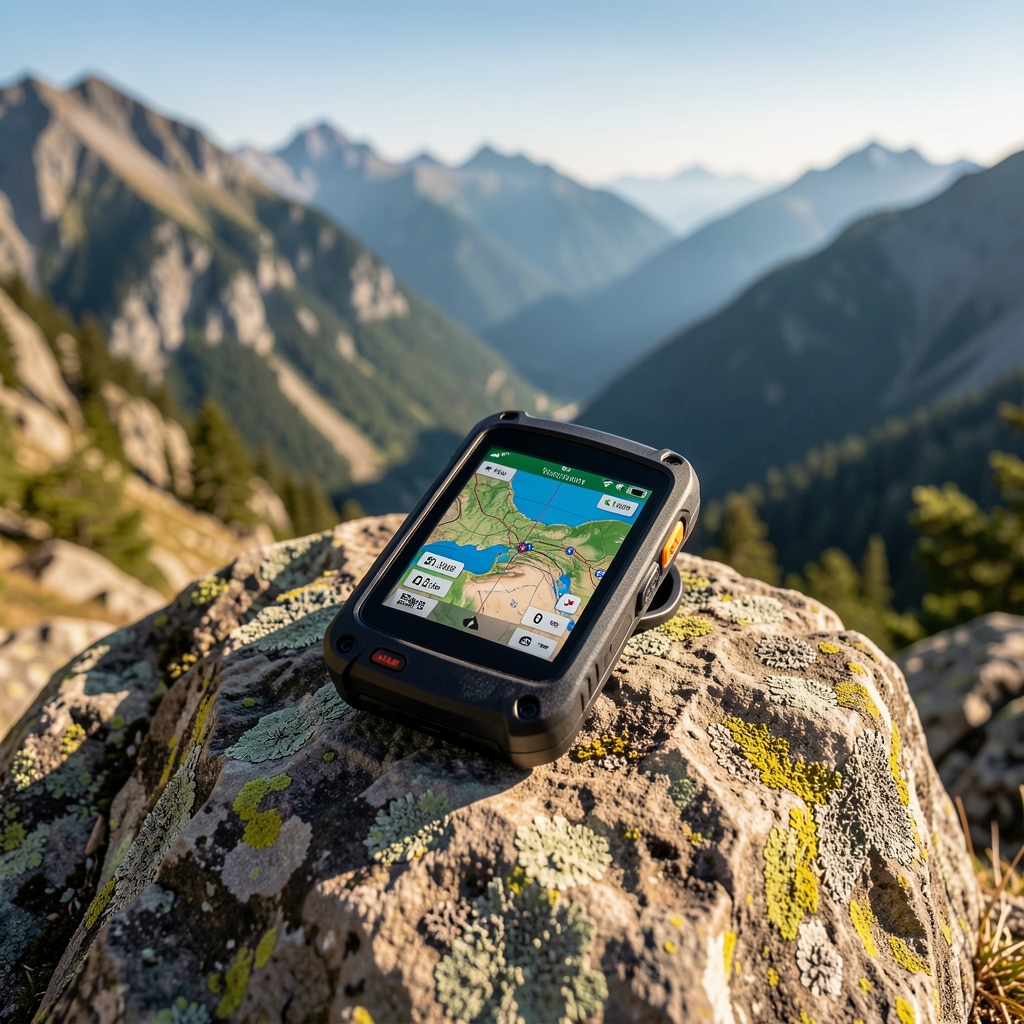 Dağlık arazide kaya üzerine konumlandırılmış renkli ekranlı outdoor GPS cihazı