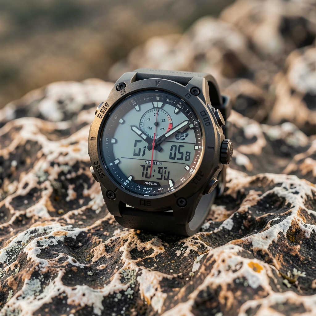 Kayalık yüzeyde yerleştirilmiş sağlam outdoor spor saati, GPS ve altimetre özellikleri olan cihaz