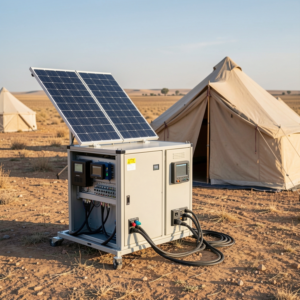 Kamp alanında taşınabilir güç istasyonu, güneş paneli ve GPS cihazından oluşan outdoor enerji düzeneği, arka planda çadır