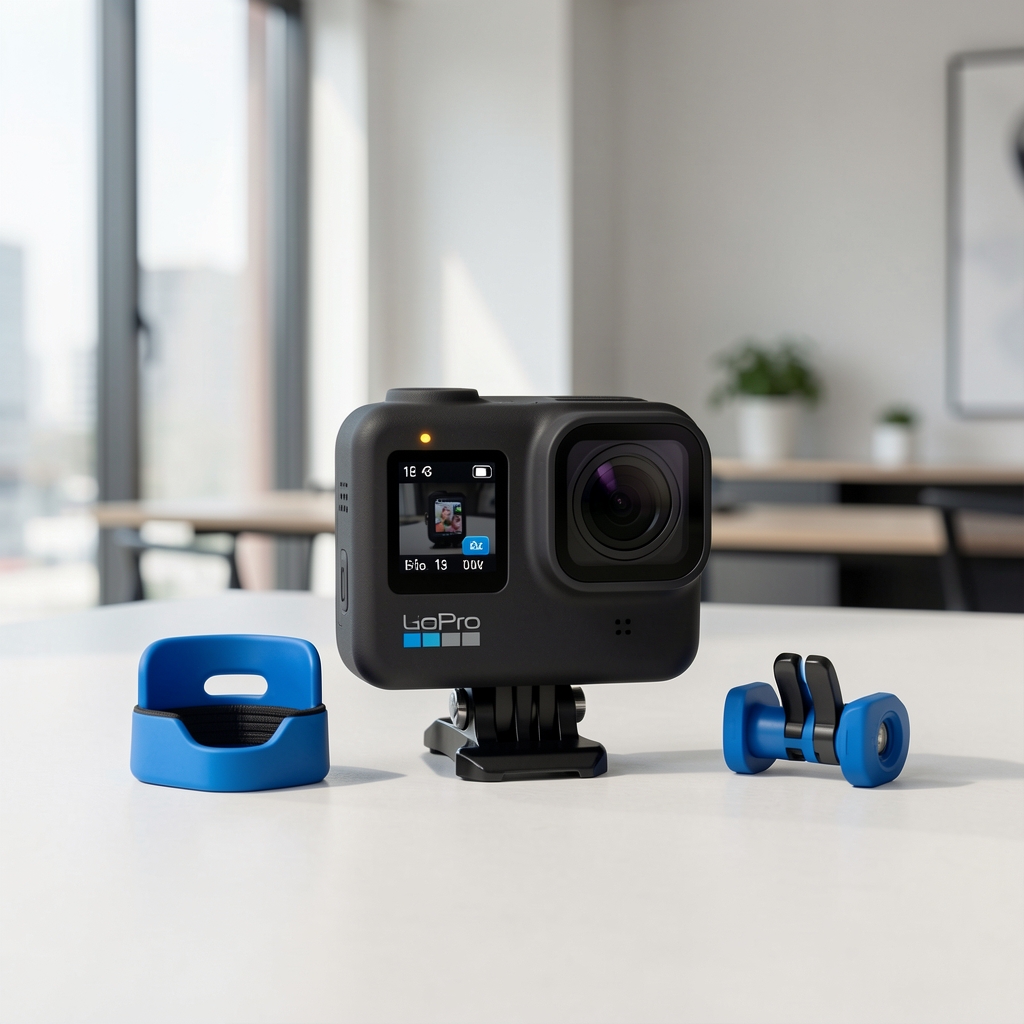 GoPro Hero 13 Black aksiyon kamerası, mavi renk aksesuarlarla birlikte, ön ekran görünür