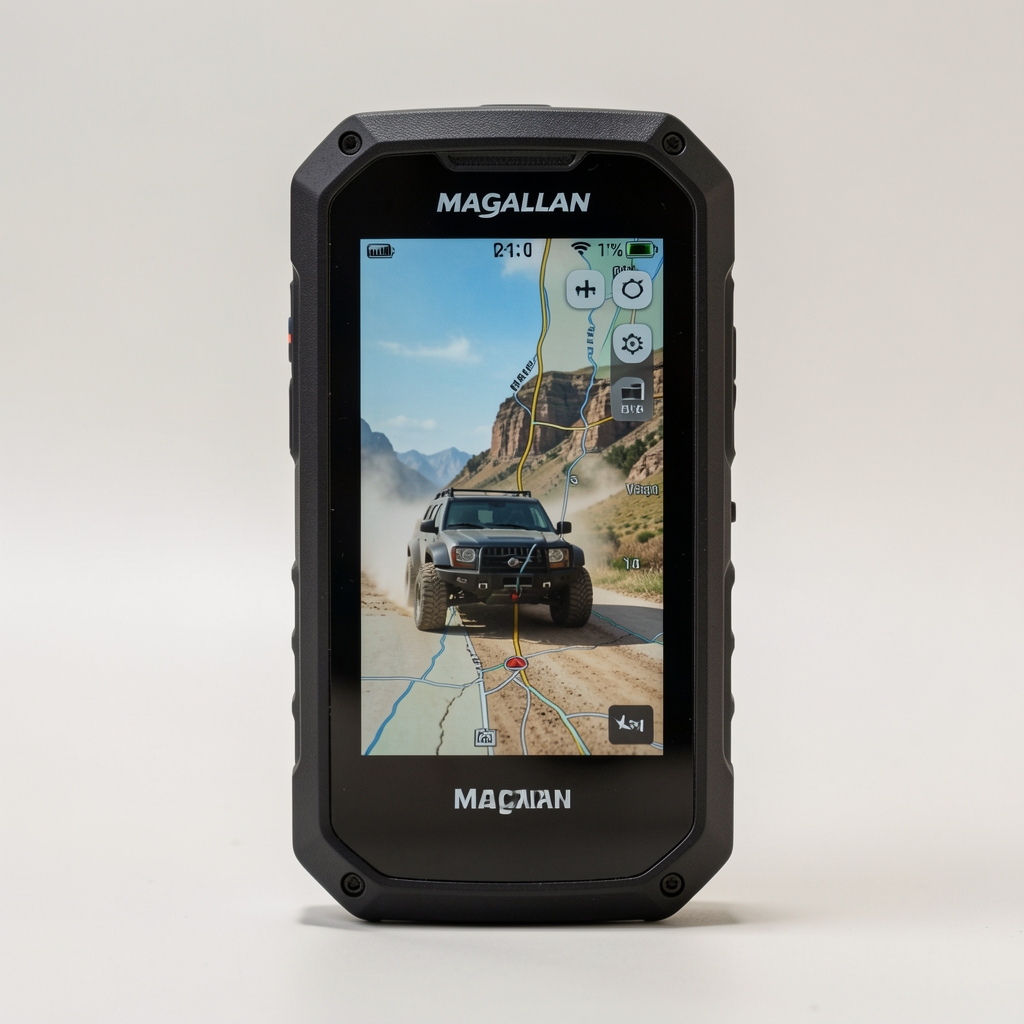Magellan TRX7 off-road GPS cihazı, siyah gövde ve büyük dokunmatik ekran