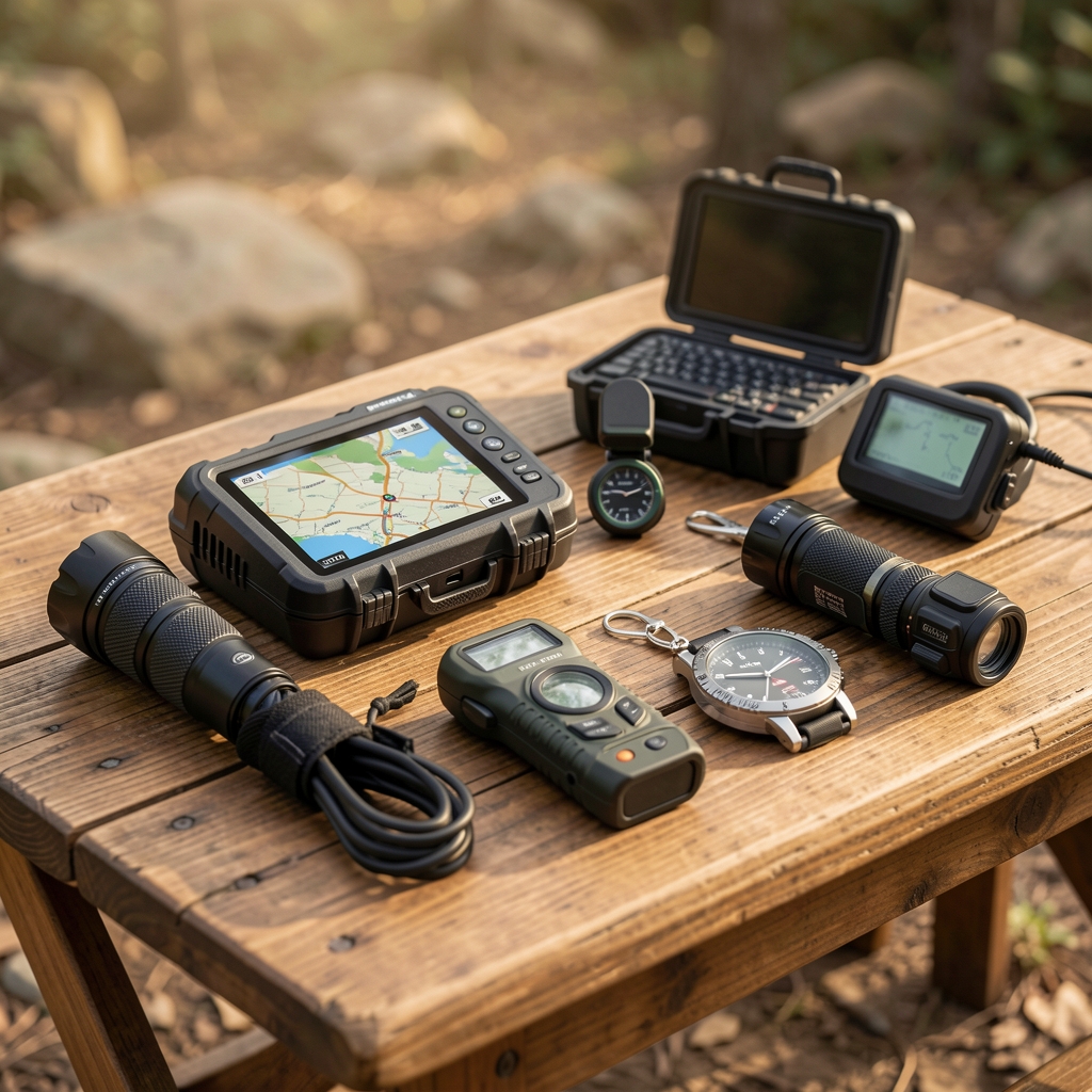 Ahşap masa üzerinde düzenlenmiş GPS cihazı, el feneri, outdoor saat ve diğer kamp elektronik ekipmanları koleksiyonu