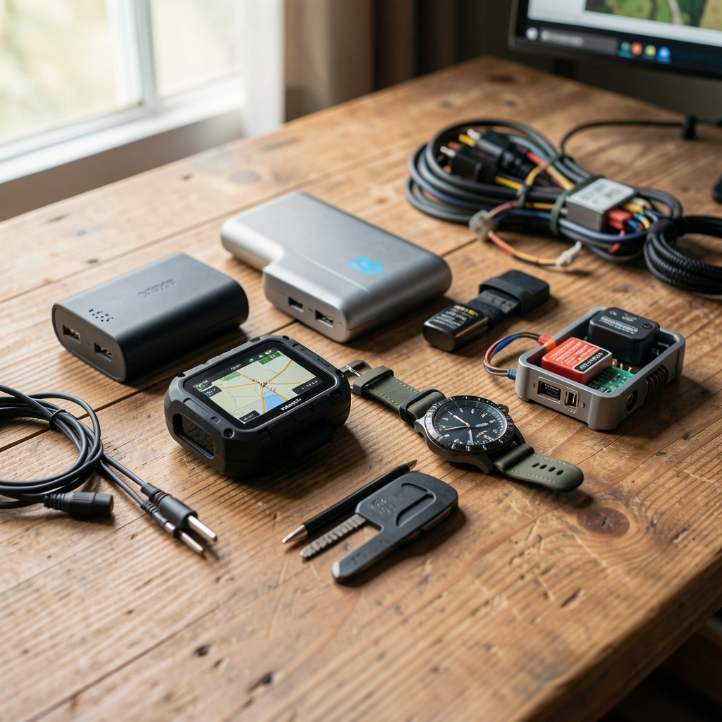 Ahşap çalışma masasında düzenlenmiş GPS cihazı, powerbank, outdoor saat ve kamp elektroniği ekipmanları